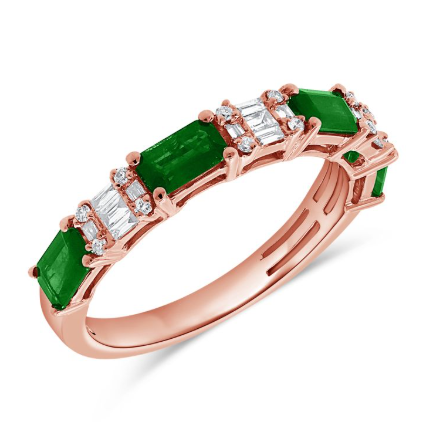 ROSE GOLD BAGUETTES AND DIAMOND EMERALD HALFWAY RING