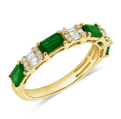 WHITE GOLD BAGUETTES AND DIAMOND EMERALD HALFWAY RING