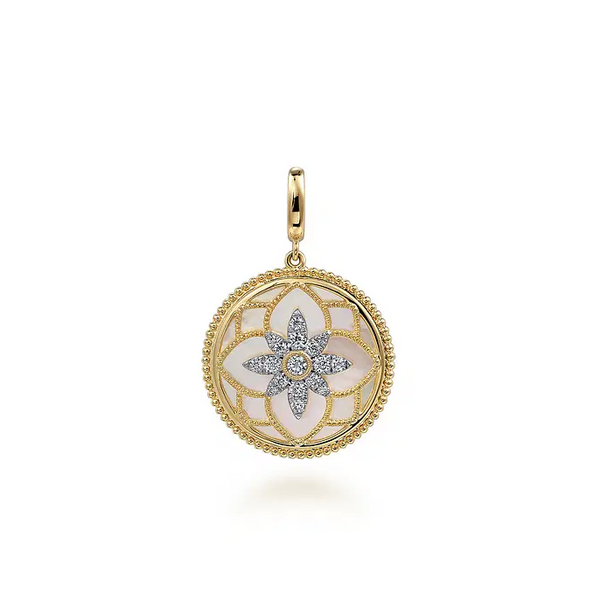 Floral - 14K Yellow Gold Bujukan Diamond and Mother of Pearl Medallion Pendant in size 24mm