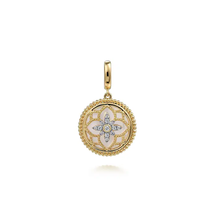 Floral - 14K Yellow Gold Bujukan Diamond and Mother of Pearl Medallion Pendant in size 18mm