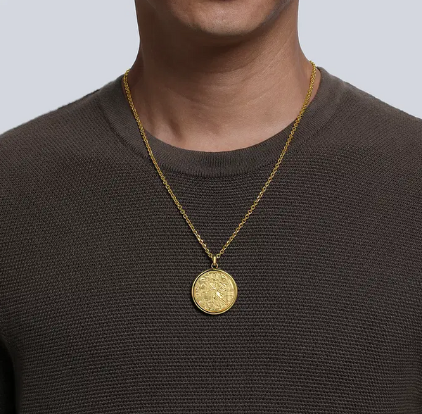 Round 14K Yellow Gold St Christopher Protect Us Pendant