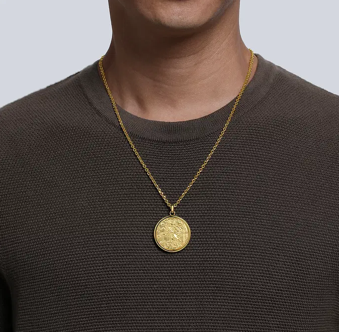 Round 14K Yellow Gold St Christopher Protect Us Pendant