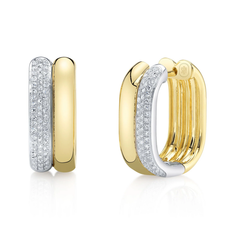 YELLOW GOLD TWO TONE DIAMOND OVAL HOOP EARRING