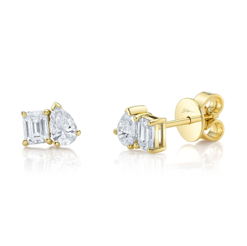 YELLOW GOLD DIAMOND EMERALD PEAR STUD EARRING