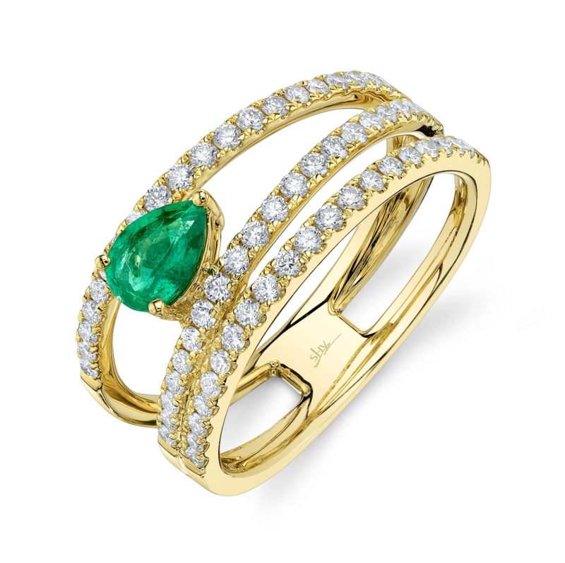 YELLOW GOLD DIAMOND & EMERALD PEAR RING