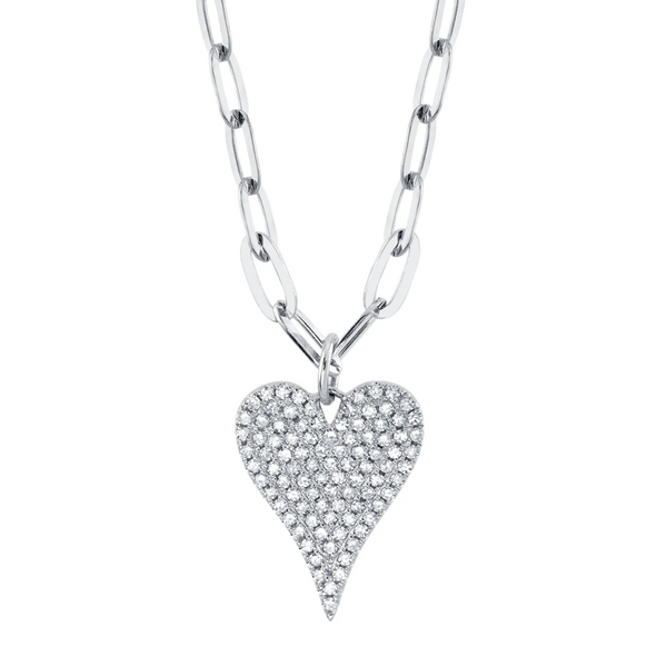 WHITE GOLD DIAMOND PAVE HEART PAPER CLIP LINK NECKLACE
