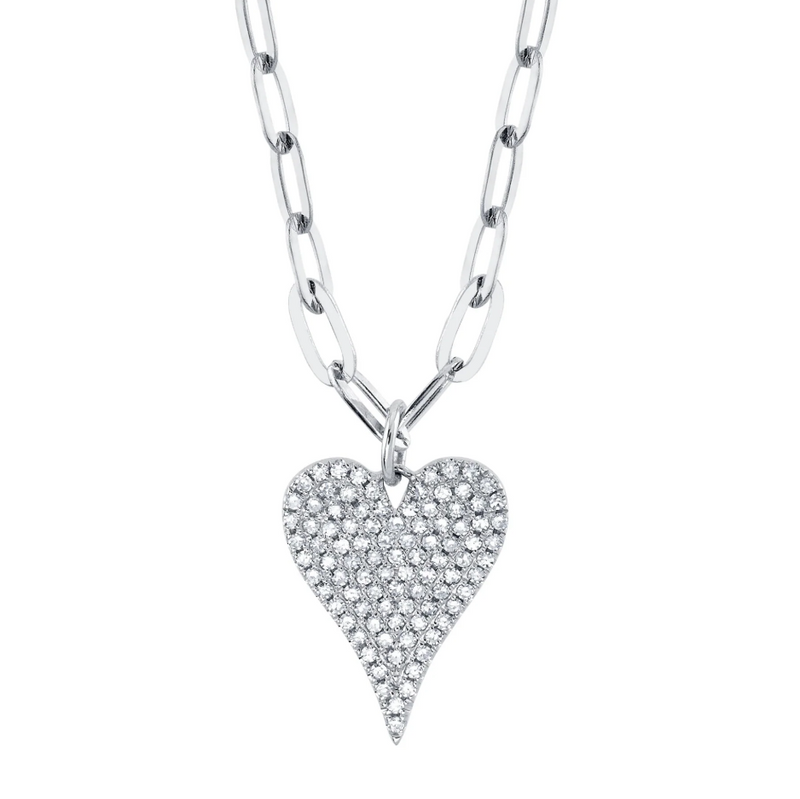 YELLOW GOLD DIAMOND PAVE HEART PAPER CLIP LINK NECKLACE