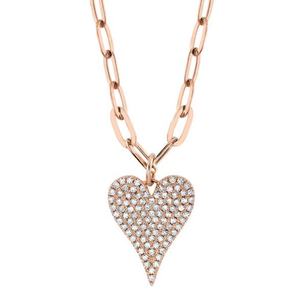 WHITE GOLD DIAMOND PAVE HEART PAPER CLIP LINK NECKLACE