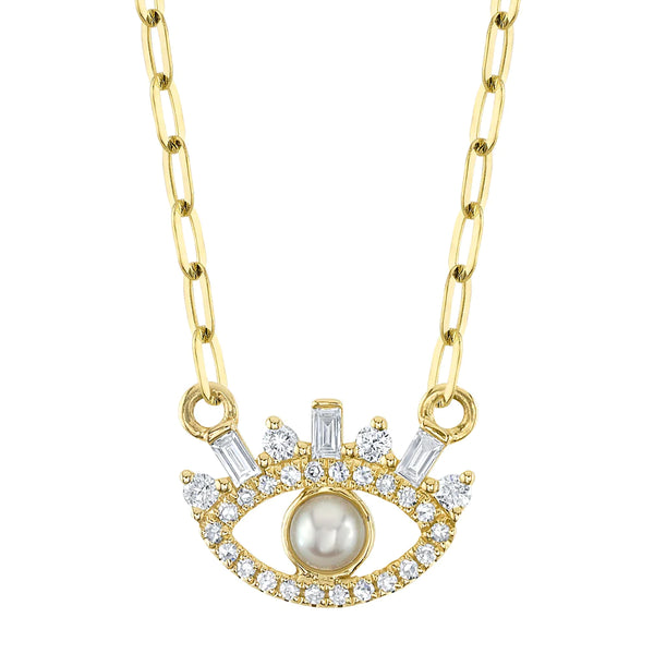 14K Yellow Gold Diamond and Pearl Evil Eye Necklace