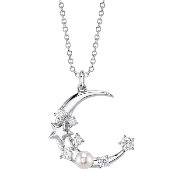 WHITE GOLD DIAMOND & CULTURED PEARL CRESCENT MOON & STAR NECKLACE