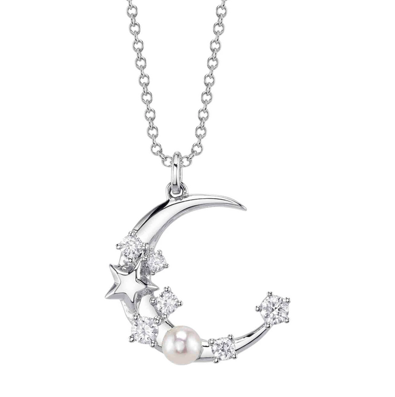 ROSE GOLD DIAMOND & CULTURED PEARL CRESCENT MOON & STAR NECKLACE