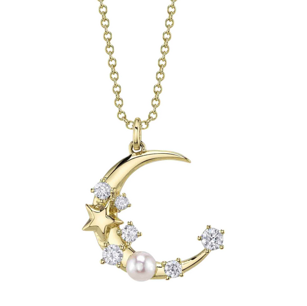 YELLOW GOLD DIAMOND & CULTURED PEARL CRESCENT MOON & STAR NECKLACE