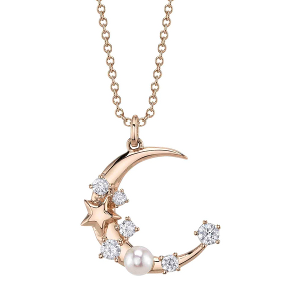 YELLOW GOLD DIAMOND & CULTURED PEARL CRESCENT MOON & STAR NECKLACE