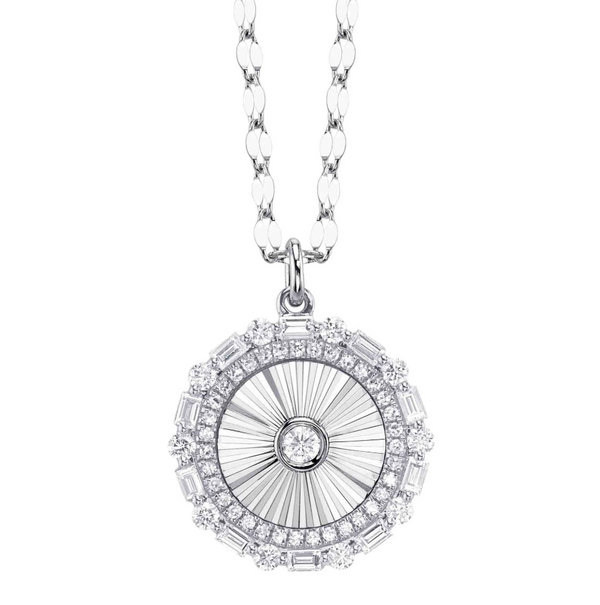 WHITE GOLD DIAMOND BAGUETTE BEZEL RIBBED CIRCLE SPARKLE CHAIN NECKLACE