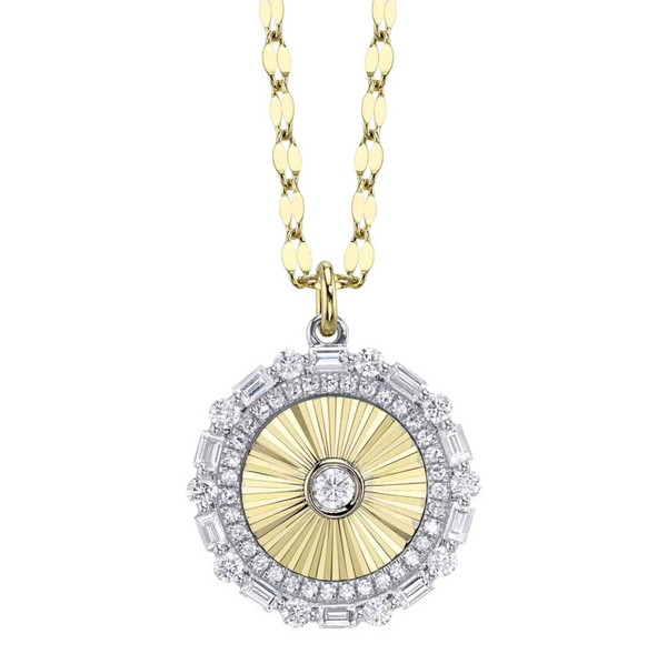 ROSE GOLD DIAMOND BAGUETTE BEZEL RIBBED CIRCLE SPARKLE CHAIN NECKLACE