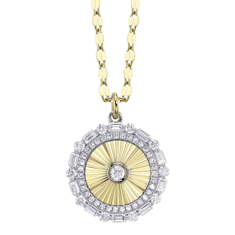 YELLOW GOLD DIAMOND BAGUETTE BEZEL RIBBED CIRCLE SPARKLE CHAIN NECKLACE