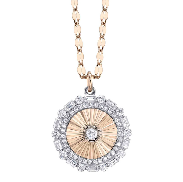 ROSE GOLD DIAMOND BAGUETTE BEZEL RIBBED CIRCLE SPARKLE CHAIN NECKLACE