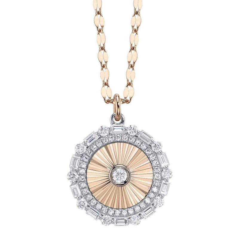 YELLOW GOLD DIAMOND BAGUETTE BEZEL RIBBED CIRCLE SPARKLE CHAIN NECKLACE