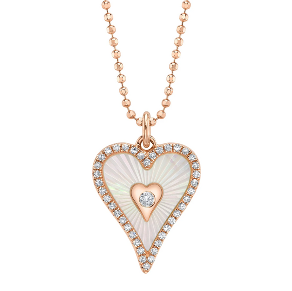 WHITE GOLD DIAMOND & MOTHER OF PEARL BEZEL RIBBED HEART FACETED BALL CHAIN NECKLACE
