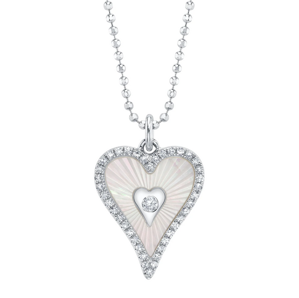 WHITE GOLD DIAMOND & MOTHER OF PEARL BEZEL RIBBED HEART FACETED BALL CHAIN NECKLACE
