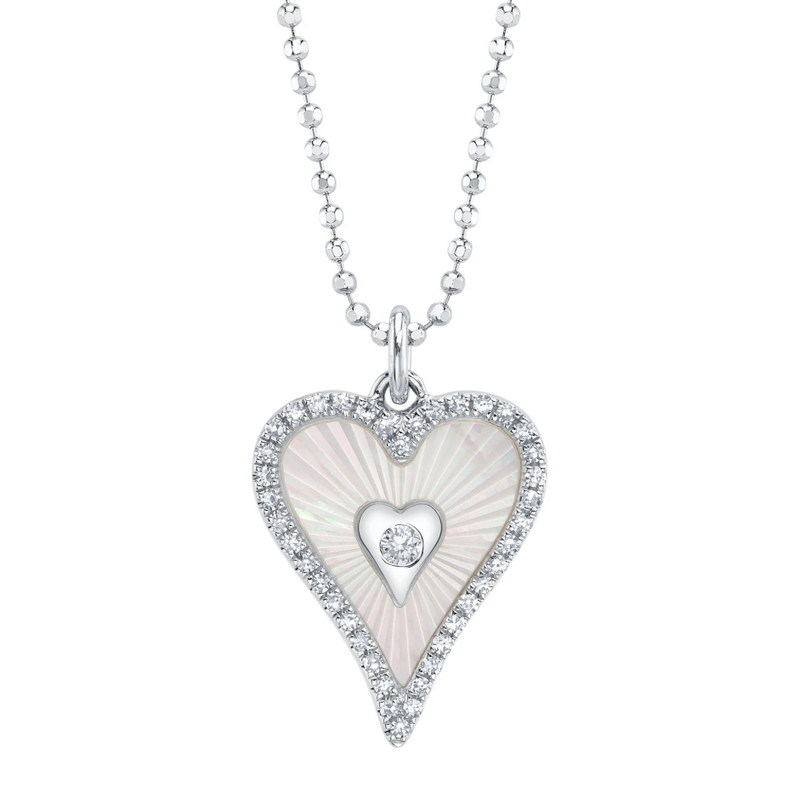 TWO TONE WHITE GOLD DIAMOND PAVE RIBBED HEART SPARKLE CHAIN NECKLACE