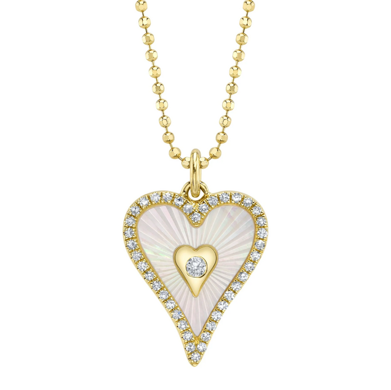 TWO TONE WHITE GOLD DIAMOND PAVE RIBBED HEART SPARKLE CHAIN NECKLACE
