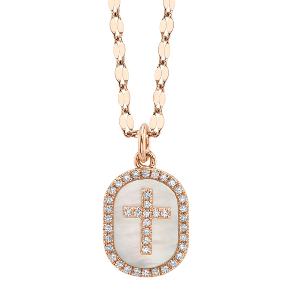 WHITE GOLD DIAMOND & MOTHER OF PEARL OVAL CROSS SPARKLE CHAIN NECKLACE