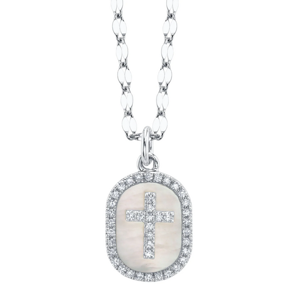 WHITE GOLD DIAMOND & MOTHER OF PEARL OVAL CROSS SPARKLE CHAIN NECKLACE
