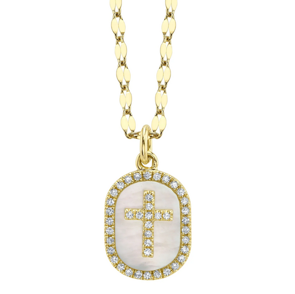 ROSE GOLD DIAMOND & MOTHER OF PEARL OVAL CROSS SPARKLE CHAIN NECKLACE
