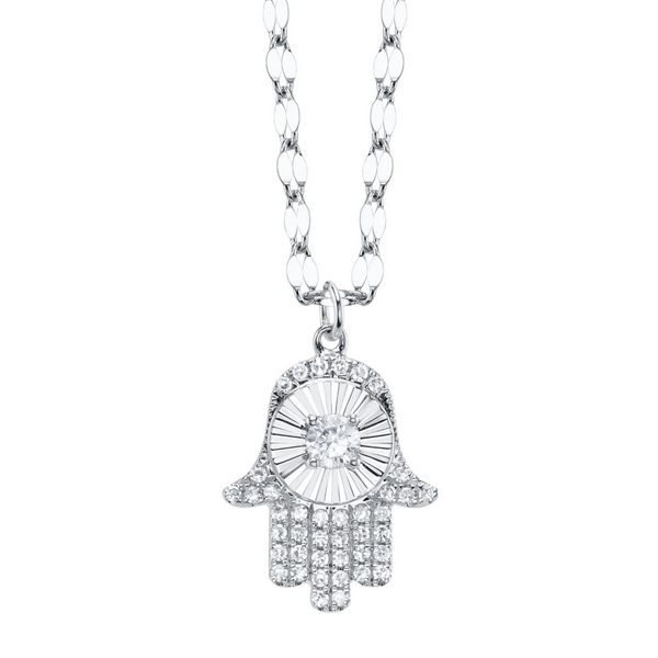 14K WHITE GOLD DIAMOND PAVE RIBBED HAMSA SPARKLE CHAIN NECKLACE
