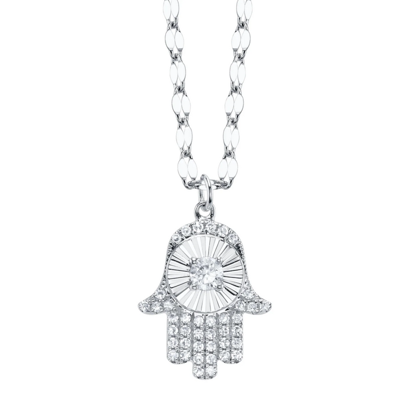 14K YELLOW GOLD DIAMOND PAVE RIBBED HAMSA SPARKLE CHAIN NECKLACE