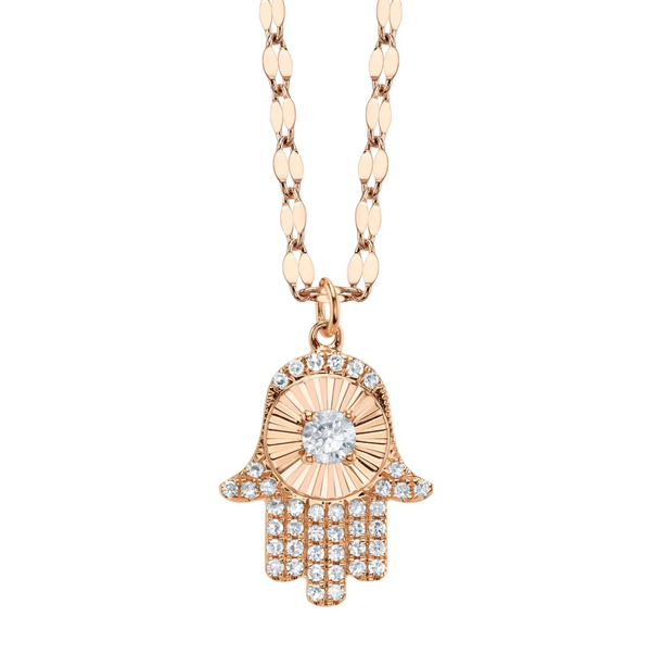14K WHITE GOLD DIAMOND PAVE RIBBED HAMSA SPARKLE CHAIN NECKLACE