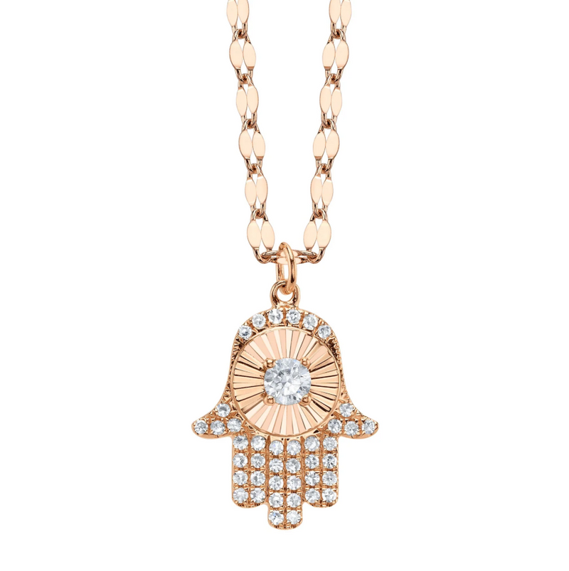 14K YELLOW GOLD DIAMOND PAVE RIBBED HAMSA SPARKLE CHAIN NECKLACE