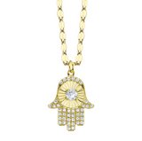 14K YELLOW GOLD DIAMOND PAVE RIBBED HAMSA SPARKLE CHAIN NECKLACE