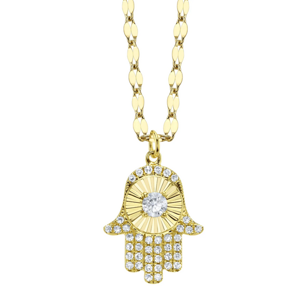 14K ROSE GOLD DIAMOND PAVE RIBBED HAMSA SPARKLE CHAIN NECKLACE