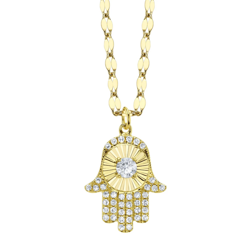 14K YELLOW GOLD DIAMOND PAVE RIBBED HAMSA SPARKLE CHAIN NECKLACE