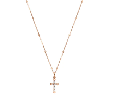 14K ROSE DIAMOND PETITE  CROSS BEADED NECKLACE