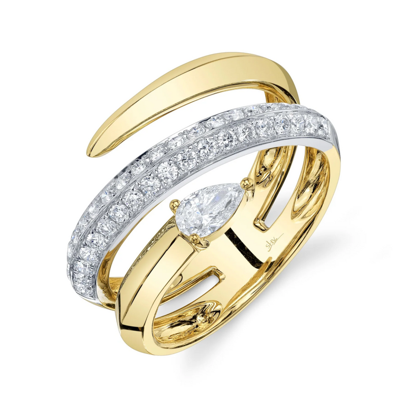 TWO TONE YELLOW GOLD DIAMOND PEAR RING