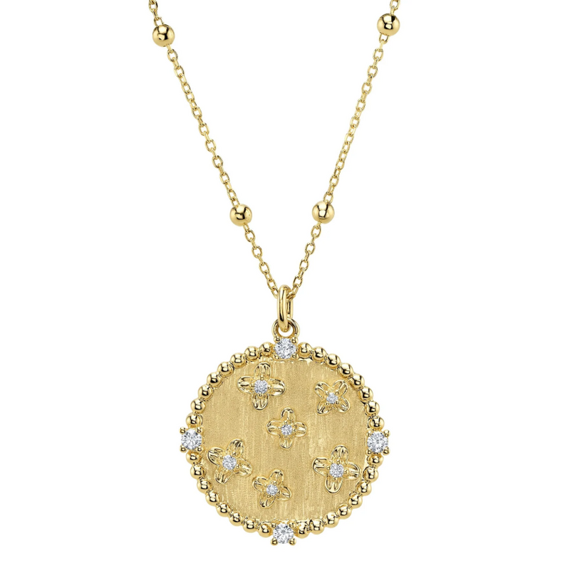 YELLOW GOLD DIAMOND FLOWER CIRCLE MATTE NECKLACE