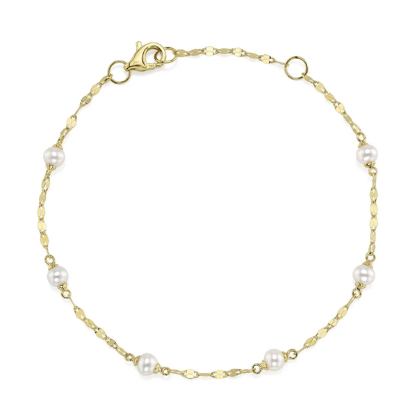 YELLOW GOLD CULTURED PEARL SPARKLE CHAIN BRACELET