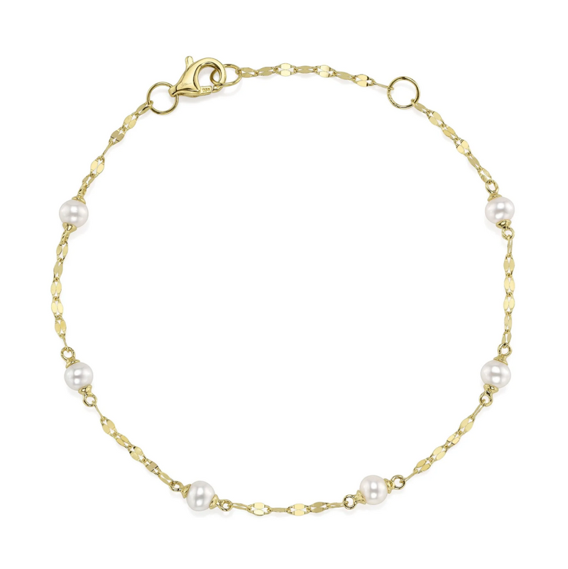 YELLOW GOLD CULTURED PEARL SPARKLE CHAIN BRACELET
