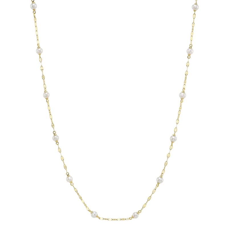 YELLOW GOLD CULTURED PEARL SPARKLE CHAIN NECKLACE