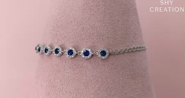 14K White Gold Diamond Halo and Blue Sapphire Bracelet