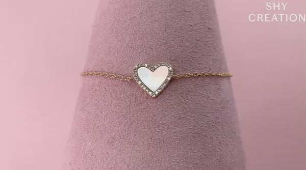 14K Yellow Gold Mother of Pearl and Diamond Heart Bracelet