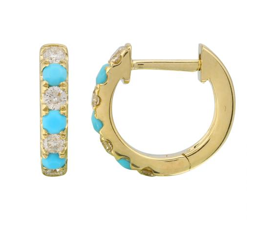 14 K Yellow Gold Turquoise and Diamond Huggie Earrings