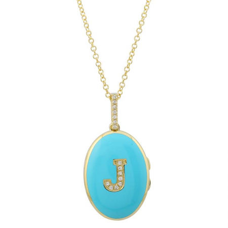 14k Yellow Gold Turquoise Diamond Initial Enamel Locket Necklace-Necklaces-Maurice's Jewelers-