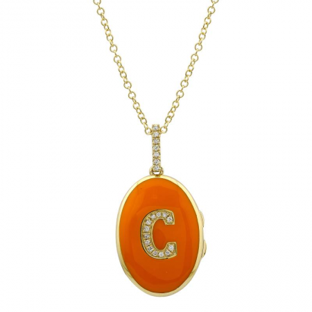 14k Yellow Gold Orange Diamond Initial Enamel Locket Necklace