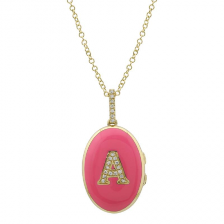 14k Yellow Gold Pink Diamond Initial Enamel Locket Necklace