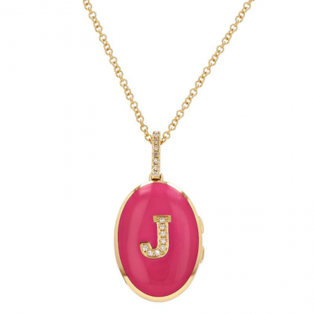 14k Yellow Gold Hot Pink Diamond Initial Enamel Locket Necklace-Necklaces-Maurice's Jewelers-