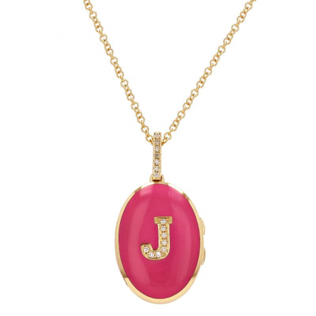 14k Yellow Gold Hot Pink Diamond Initial Enamel Locket Necklace